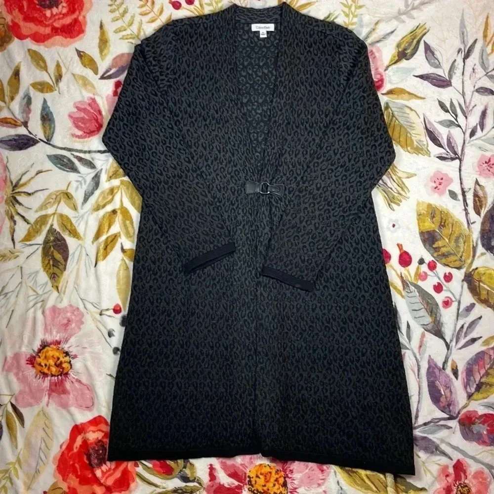 Calvin Klein merino wool blend open front animal print long cardigan XL - Picture 2 of 12